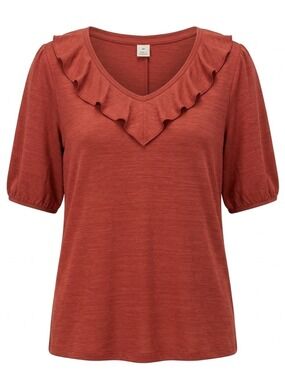 Beacon Apparel Red Ruffle Neck Puff Sleeve Blouse Flowy Stretch Large